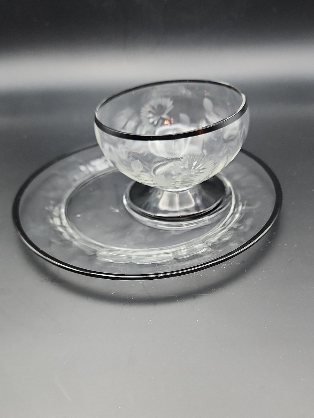 MCM Black Rim Clear Glass 6.5" Snack Plate with Matching Black Rim Glass/Cup
